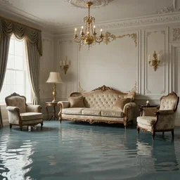 decorative empty victorian livingroom flooded with water, octane render, 8k, artstation, concept art, smooth, sharp focus