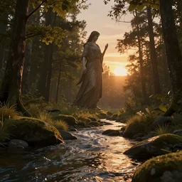 siren in the woods, river, 3d, octane render, sunset, photorealistic