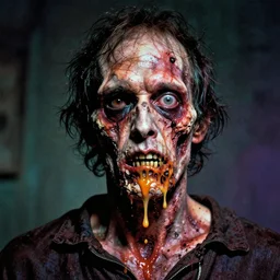 cinematic colorful horror artwork by bernie wrightson, beksinski, jean delville ; real life long shot perfectly centered portrait of ugly scary horrifying rotten man with one eye socket missing, half jaw hanging down, melting pus skin skull fragments ; 8 k hdr, dramatic lighting, insanely detailed