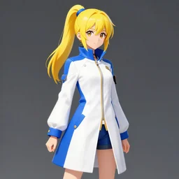 anime young girl with yellow ponytail and blue hairtie wearing white and blue long jacket in a confident stance surrounded by lightning streaks, wlop, concept art, digital painting, trending on artstation, highly detailed, epic composition, 8 k uhd