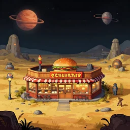 in front of a burger restaurant, in a remote outpost, on an alien planet, from a space themed point and click 2 d graphic adventure game, set design inspired slightly by hg giger and tomb raider, art inspired by william alexander