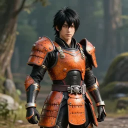 a vertical portrait of a character in a scenic environment by nihei tsutomu, black and orange armor, highly detailed, render, vray, octane, realistic lighting