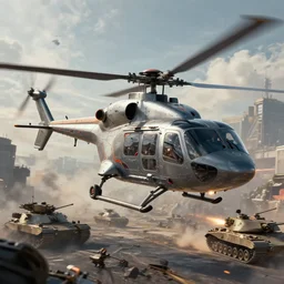 a futuristic cyberpunk helicopter in war scene, tank combat in the battlefield, epic scene, by greg rutkowski