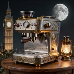 steampunk espresso machine, on a wooden table, intricate detail, hyper detailed, ultra realistic, sharp focus, octane render, lantern, volumetric, ray tracing, artstation trending, big ben on the moon, cgsociety, sense of awe, mystical, moon, 4 k