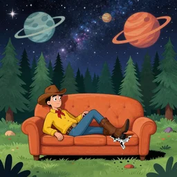 psychedelic trippy couch pine forest, broken cowboy, planets, milky way, sofa, cartoon by rob gonsalves spruce s - 4 2