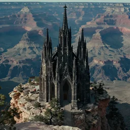an atmospheric film still by denis villeneuve featuring a dark gothic cathedral carved out of rock at the top of the grand canyon