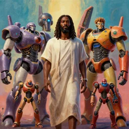 stylish 3 d vfx - drew struzan movie poster - art of an african jesus surrounded by mecha robots, art style by james jean & hsiao - ron cheng, unreal engine render, digital illustration, sharp, intricate detail, volumetric lighting, ray tracing, soft light, colourful, claymation style, ernie barnes style, symmetry, acrylic on canvas, pinterest, artstation,