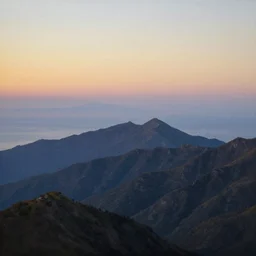 mountains in the foreground, sea in the background at dawn, painting