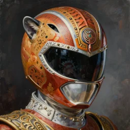 a realistic painting by Raffaello Sanzi  Power Rangers helmet, based on a puma, Inca themed  smooth,Sharp focus, fanart best Artstation