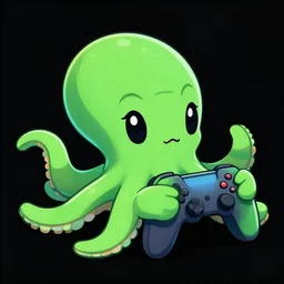 a acqua green little octopus playing videogames, black background, cartoon drawing, high definition, gamer