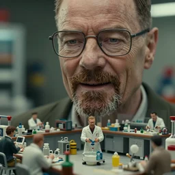 beautiful three point perspective film still of happy walter white meth lab scene in breaking bad, extreme closeup portrait in style of frontiers in miniature porcelain photography fashion seinen manga edition, miniature porcelain portrait, eye contact, tilt shift style scene background, soft lighting, kodak portra 4 0 0, 8 k, macro, cinematic style by emmanuel lubezki