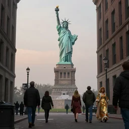 a street with statue of liberty in the background, misty evening, fantasy art, highly detailed matte painting, low angle view, telephoto lens 2 0 0 mm, by stanley artgerm lau, greg rutkowski, thomas kinkade, alphonse mucha, loish, norman rockwell, artstation