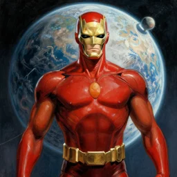 portrait of omni - man conquering a planet. art by gaston bussiere.