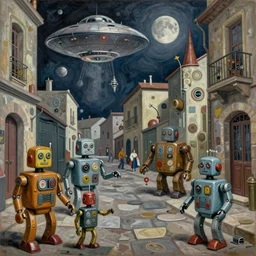 picasso cubist painting of 1 9 5 0 s scifi, tin toy robots, ufo, flying saucer, moon, steampunk, alley, streets, walter sickert, earl norem, depth of field, hyperrealistic, octane render detailed and intricate environment