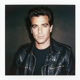 Portrait of George Costanza!!!!! in a leather jacket, ethereal, polaroid, punk