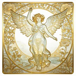 angel made of glass, full of curiosities, symphony of happiness, by james jean, golden ratio, detailed floral and waves background, influenced by art nouveau