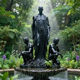 a statue of nyarlathotep and cthulhu atop a fountain in a lush dense verdant garden by norman rockwell and ferdinand knab and gil elvgren, statue made of black obsidian, lovecraft, mist, hyperrealism, volumetric lighting, god rays, ultrafine details, sfumato, purple flowers, overgrown