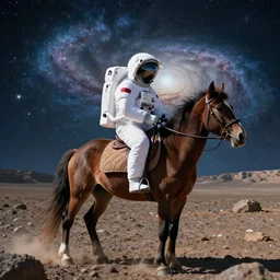 photograph of an astronaut riding a horse on an asteroid, with a galaxy in the background
