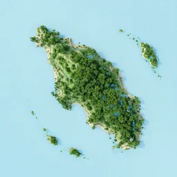 map of a big island in the middle, many smaller islands around it, landmass split up