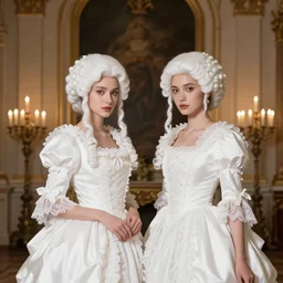 photograph of two women with baroque white dresses and white baroque wigs in a hall, candle light fashion photography