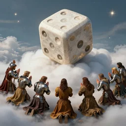holy dice in the clouds, on the ground are people dressed in fantasy armor, kneeling in prayer, da vinci