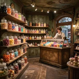 Inside an old fashioned sweet shop, sweet jars on shelves, fantasy vendor interior, wide angle, cinematic, highly detailed, cinematic lighting , photorealistic, trending on cgsociety, trending on artstation