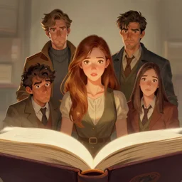 a female and four male characters coming to life from inside a book, trending on artstation, detailed digital art