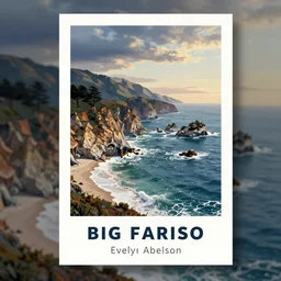 a tourism poster of big sur california with the ocean and mountains in the background by evelyn abelson, featured on dribble, regionalism, digital illustration, wallpaper, poster art