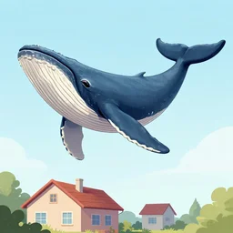 digital drawing of a flying whale over a house, very detailed, realistic illumination, clean cel ahaded vector art