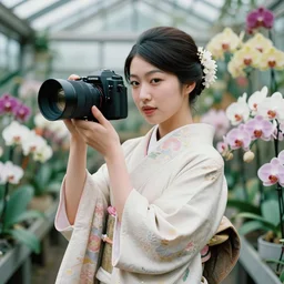 fashion photograph of a beautiful Japanese woman wearing a traditional kimono in an orchid greenhouse, by Annie Leibowitz, extremely detailed, large format camera, Fuji Provia film, 85mm lens, bokeh, bokeh, blurred background, photorealistic, trending on instagram, trending on artstation