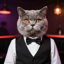 of a gentlemen cat with the head of a british longhair cat, wearing vest suite in the night club, by greg rutkowski