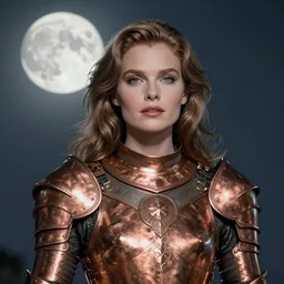 portrait of a stunningly beautiful paladin in copper plate armor who looks like young michelle pfeiffer, moonlight in the background by boris vallejo and julie bell, upper body, soft details, soft lighting, HD, elegant, intricate, masterpiece