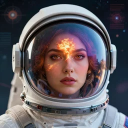 retrofuturistic portrait of a woman in astronaut helmet, reflective gradient to transparent visor, atomic bomb explosion reflection on the visor, space graphics art in background, close up, quint buchholz, wlop, dan mumford, artgerm, liam brazier, peter mohrbacher, raw, featured on artstation, octane render, cinematic, elegant, intricate, 8 k