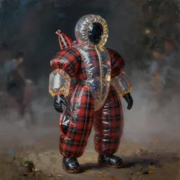 a night scene with a character wearing a voluminous inflatable suit made from tartan mix and ionized metal and plastic, blurred, muted colors, oil painting hyper real, neoclassical, super detailed, foggy, hazy, full body, soft light