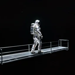 mysterious man in silver space suit, walking on a small l shaped steel catwalk, floating in the darkness of space, with a black background, photograph, wide angle, long shot