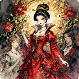 watercolor painting of an avant - garde japanese bjd geisha vampire queen with a long neck in a victorian red dress painted by z. w. gu, amy sol, tom bagshaw, intricate detail, artstation, artgerm, in the style of dark - fantasy, rococo, gold leaf art, red flowers