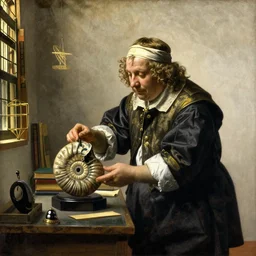 An oil painting of a tall portly man at a desk examining an ammonite fossil in a room full of books and assorted wunderkammer, in the style of The Astronomer by Vermeer, Dutch Golden Age, Old Masters