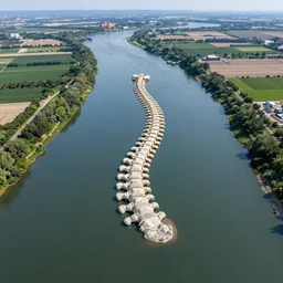 wide!!! landscape photo of river that follows the distinct shape of a human spinal!! column!!!, high detail, drone photo, golden hour, lush green vegetation, medium format
