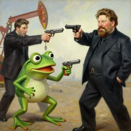 portrait of pepe the frog and josef stalin with guns fighting a drug cartel, an oil painting by ross tran and thomas kincade