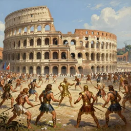 a historical depiction of an epic scene at the roman coliseum filled with dueling gladiators, in the style of greg rutkowski and remedios varo, digital painting, unreal engine, extremely detailed masterpiece, illustration, trending on artstation