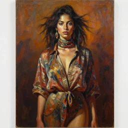 detailed full body portrait in daring femininity, ethnic, realistic face sculpted features, statuesque model, floral pattern untucked shirt, tousled hair, scarf, warm cast, bathed in light, chiaroscuro, embellished accents, cinematic lighting, specular highlights, angular impressionism, radiant, deep rich tones, contemporary art, oil on canvas