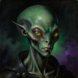a baroque neoclassicist close - up portrait of a retrofuturistic alien black lovecraftian technology with glowing eyes gazing intensely, surrounded by deep green and purple foggy black background. renaissance portrait painting. highly detailed science fiction painting by norman rockwell, frank frazetta, and syd mead. rich colors, high contrast, gloomy atmosphere, dark background. trending on artstation.