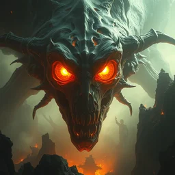 a lovecraftian monster descending upon the island of souls, intense fiery eyes, huge teeth, dramatic lighting, cinematic, ultra detail, masterpiece by craig mullins, ruan jia, beksinski, jakub rebelka, android jones