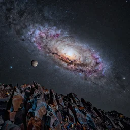 Milky Way as seen in the night sky from spiky rock surface of an alien planet located in a different part of the galaxy, NASA true color 8k image, high detail