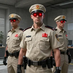 ( ( beige ) ) uniform and caps zombie ranger officers ( background brutalist gray concrete office ) trending on artstation high detail digital painting 4 k 8 k hd accurate glow red