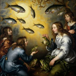 absolute void filled with fish people flying and eating frogs, by hieronymus bosch