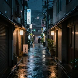 quiet tokyo alley at night, raining, dim volumetric lighting, 8 k octane render, hdr, hyper realistic, hyperdetailed, epic composition, cinematic lighting, masterpiece, street photography
