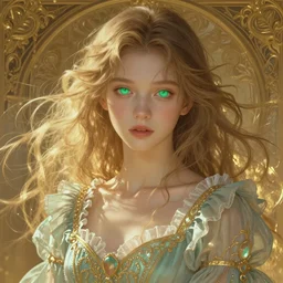 Portrait of dreamy and ethereal girl with mint green eyes, peaceful expression, ornate frilly dress, fantasy, intricate, elegant, beautiful, digital art, beautiful dynamic lighting, golden ratio, highly detailed, digital painting, trending on artstation, concept art, smooth, sharp focus, illustration, photo realistic, art by artgerm and greg rutkowski and alphonse mucha and yoji shinkawa, 4K