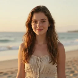Render of a very beautiful film star, long hair, hazel eyes, cute freckles, full round face, short smile, cute sundress, golden hour, serene beach setting, medium shot, mid-shot, highly detailed, trending on Artstation, Unreal Engine 4k