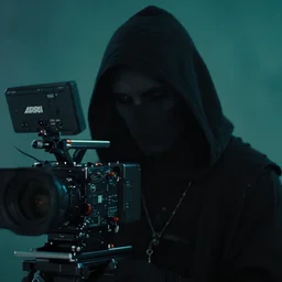 vfx film closeup, vaporwave necromancer, flat color profile low - key lighting award winning photography arri alexa cinematography, hyper real photorealistic cinematic, atmospheric cool colorgrade